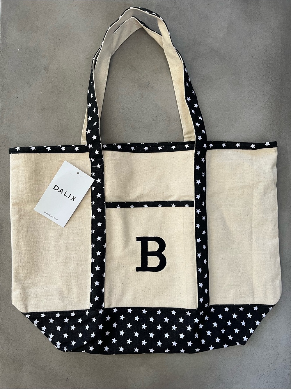 DALIX 22" Canvas Tote Bag Black Star Pattern Monogram B Zippered Large Beach NWT